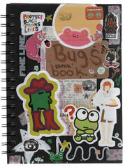 a png image of the cover of a sketchbook covered in stickers with a card that says "Bugs Sketchbook" on it.